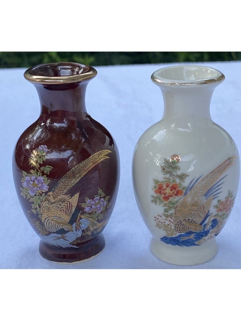Two Vintage Miniature Bases Hand-painted Japanese Porcelain W/Peacocks & Flowers